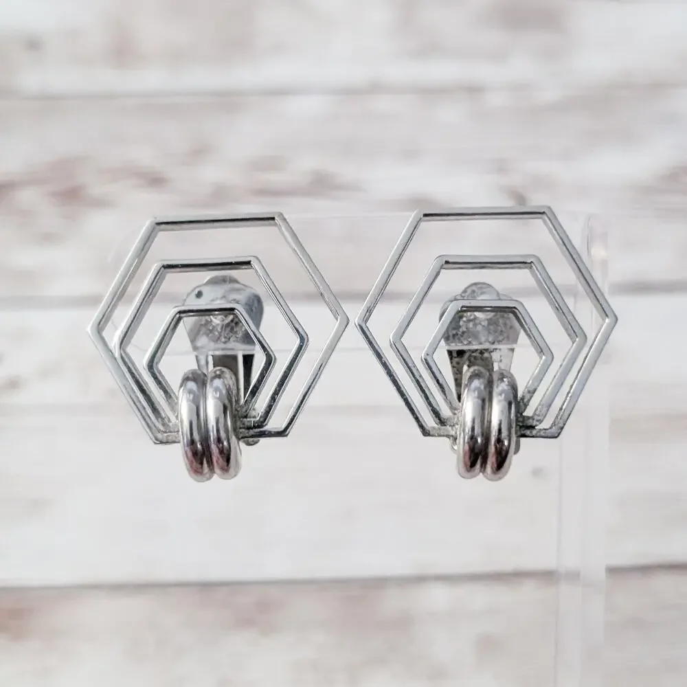 Vintage Clip On Earrings Silver Tone Geometric Large Statement - Picture 1 of 5